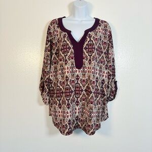 Naïf Bohemian Burgundy and Cream Women's Tunic Roll up Fixed Sleeve Sz2XL